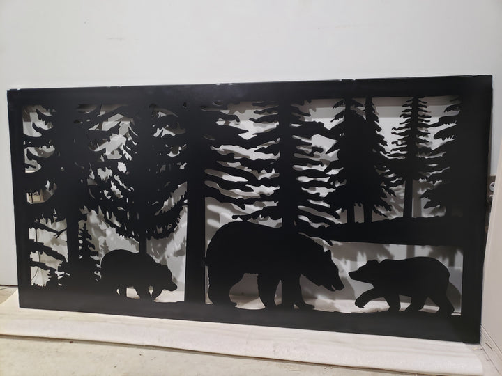 Decorative Rustic Railings Wildlife Metal Panel - Bear and Cubs In A Forest Scene