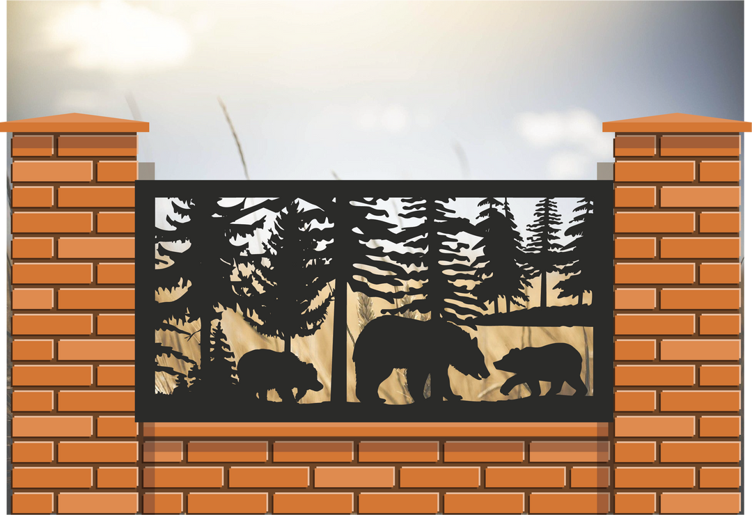 Decorative Rustic Railings Wildlife Metal Panel - Bear and Cubs In A Forest Scene