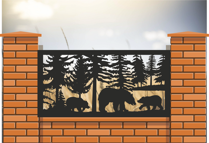 Decorative Rustic Railings Wildlife Metal Panel - Bear and Cubs In A Forest Scene
