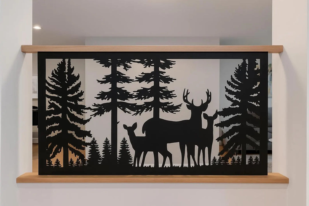 Deer On Railing Decorative Rustic Railings- Deer Family in the Woods – FabriPlas Metal