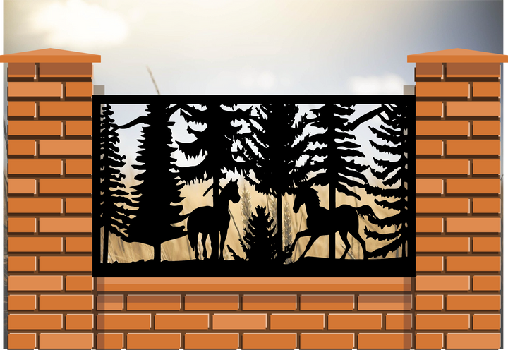 Rustic Wildlife Scenery Railings- Two Horses and Pine Trees