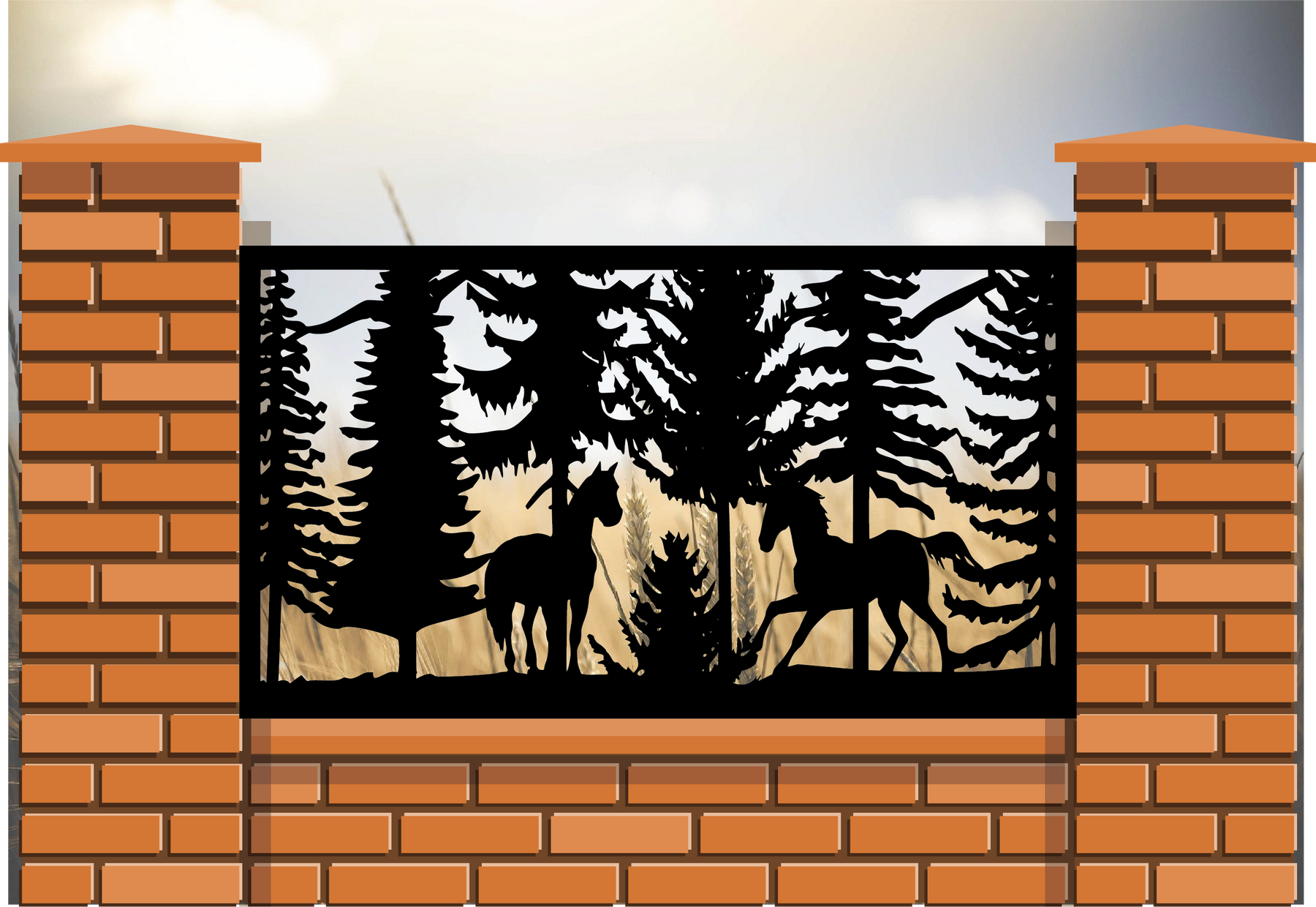 Nature Railing Stencil Rustic Wildlife Scenery Railings- Two Horses and Pine Trees – FabriPlas ...