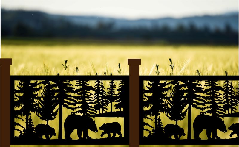 Decorative Rustic Railings Wildlife Metal Panel - Bear and Cubs In A Forest Scene