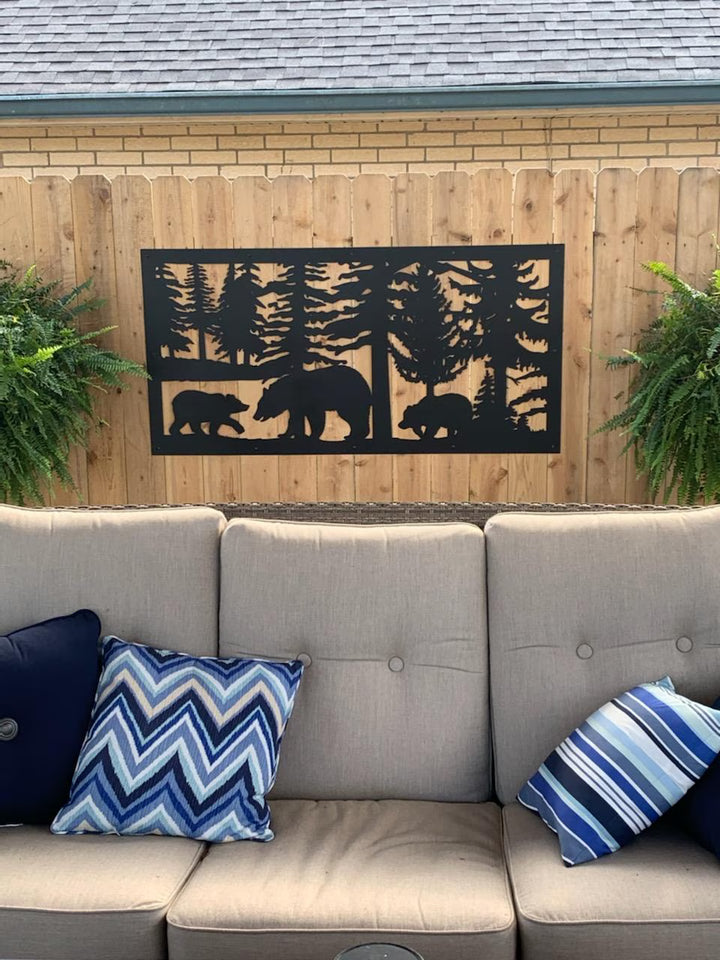 Decorative Rustic Railings Wildlife Metal Panel - Bear and Cubs In A Forest Scene