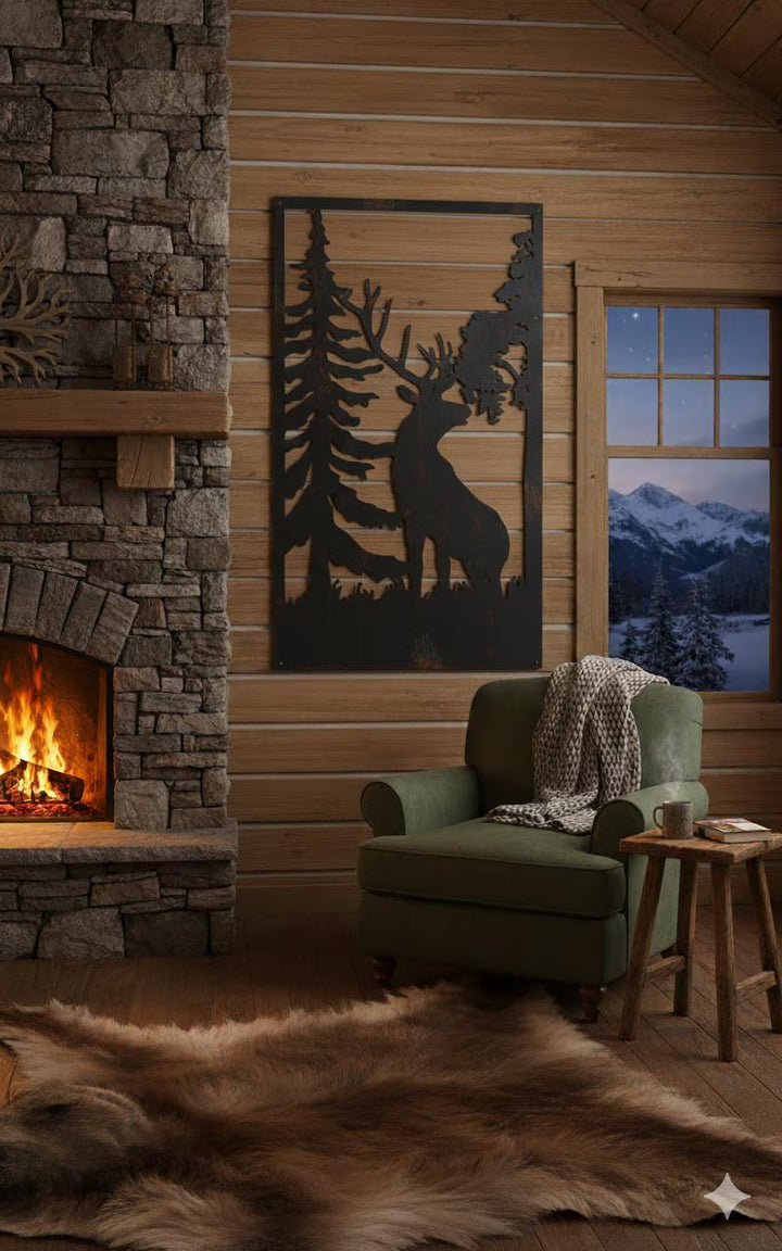 Decorative Tall Metal Fence Panel - Buck in Forest