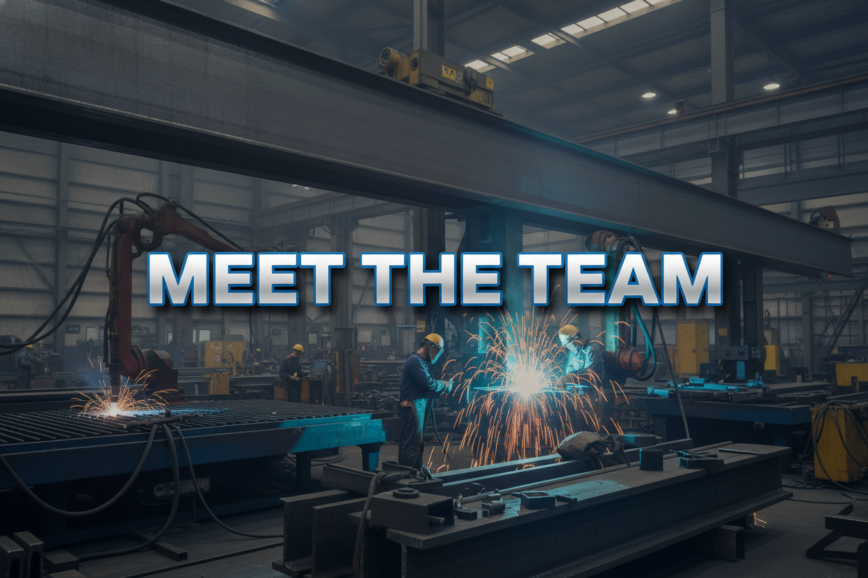 Generate a "Meet The Team" graphic with a steel fabrication background/ graphic