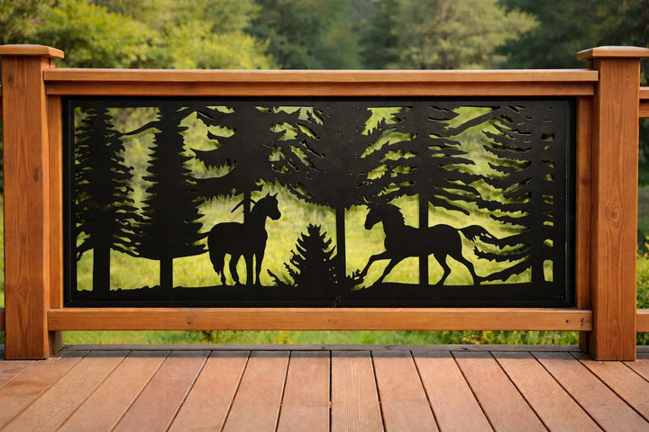 Rustic Wildlife Scenery Railings- Two Horses and Pine Trees